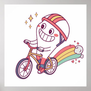 Affiche Caractère joyeux de dessin sur vélo avec arc-en-ci