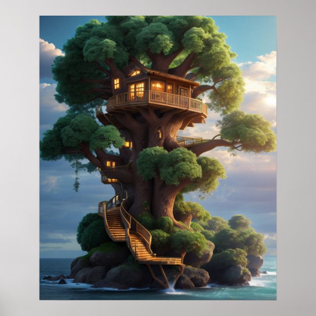 Affiche Caractères animaux mignons Une maison d'arbre maje (Devant)