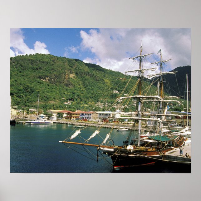 Affiche Caraïbes, Sainte-Lucie, Soufrière. Bateaux en (Devant)