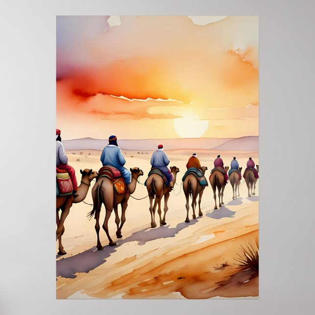 Affiche Caravane à chameaux dans le désert, Boho Travel Pa (Devant)