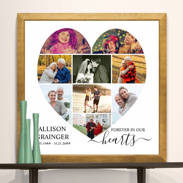 Affiche Cardiaque en forme de 9 photo Collage pour toujour (Funeral memorial poster to order professionally printed or as a printable digital download)