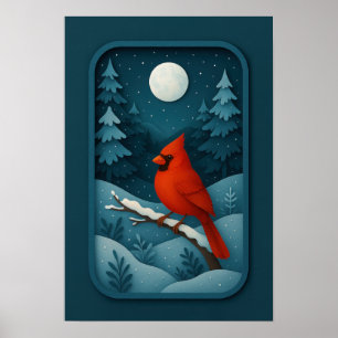 Affiche Cardinal au clair de lune dans la forêt hivernale