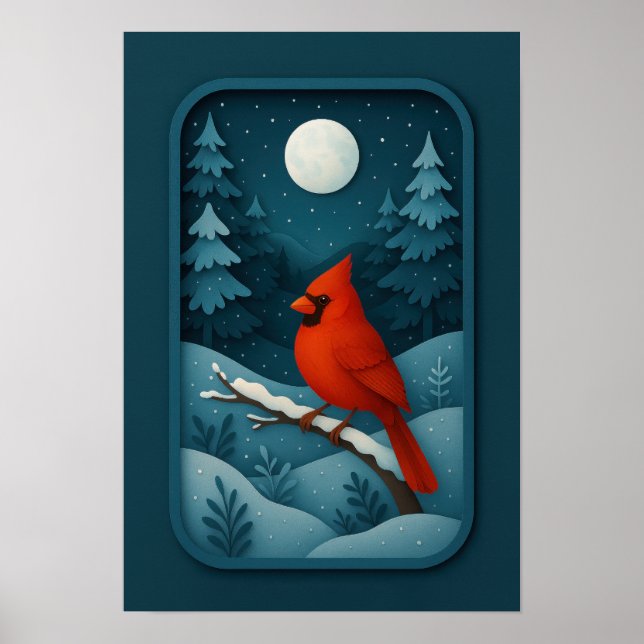 Affiche Cardinal au clair de lune dans la forêt hivernale (Devant)
