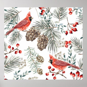 Affiche Cardinal Birds Noël Motif Vintage