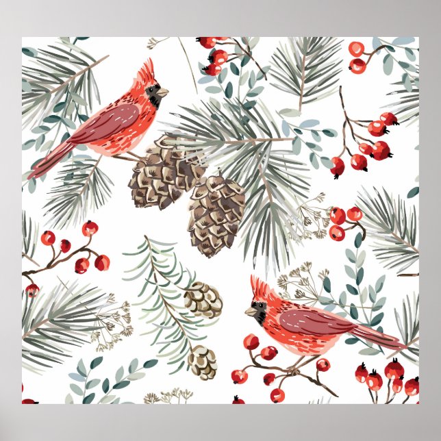 Affiche Cardinal Birds Noël Motif Vintage (Devant)