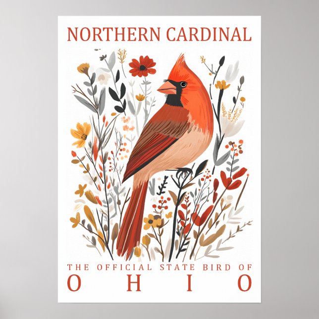 Affiche Cardinal boréal de l'Ohio, oiseau de l'État, illus (Devant)