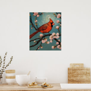 Affiche Cardinal dans un amandier en fleurs