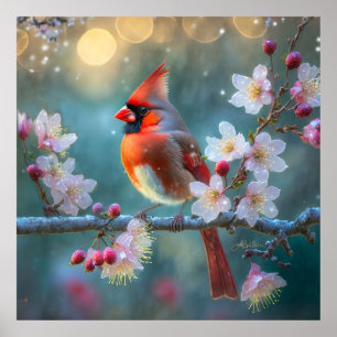 Affiche Cardinal mâle au clair de lune Cerisiers en fleurs