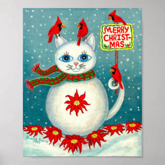Affiche Cardinal oiseau bonhomme de neige Poinsettia neige