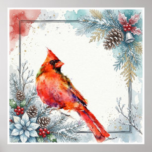 Affiche Cardinal rouge oiseau pointsettia baies d'hiver ve