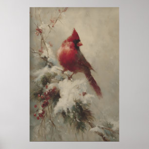 Affiche Cardinal Rouge Sur Branche Enneigée, Victorien Vin