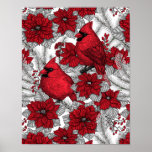 Affiche Cardinals and poinsettia in red and white<br><div class="desc">Cardinals in winter branches and Christmas decoration</div>