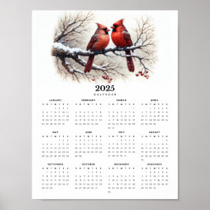 Affiche Cardinaux assis sur la branche neige 2025 Calendri