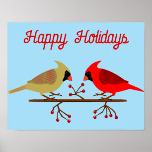 Affiche Cardinaux de Noël mignons et Berries rouges sur me