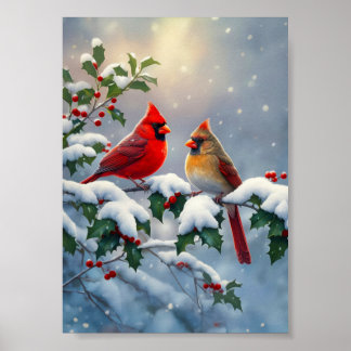 Affiche Cardinaux rouges et houx dans la neige