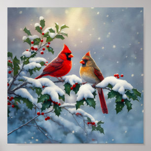 Affiche Cardinaux rouges et houx dans la neige