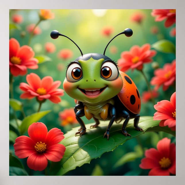 Affiche Caricature adorable Ladybug sur une feuille (Devant)