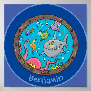 Affiche Caricature amusante des créatures marines