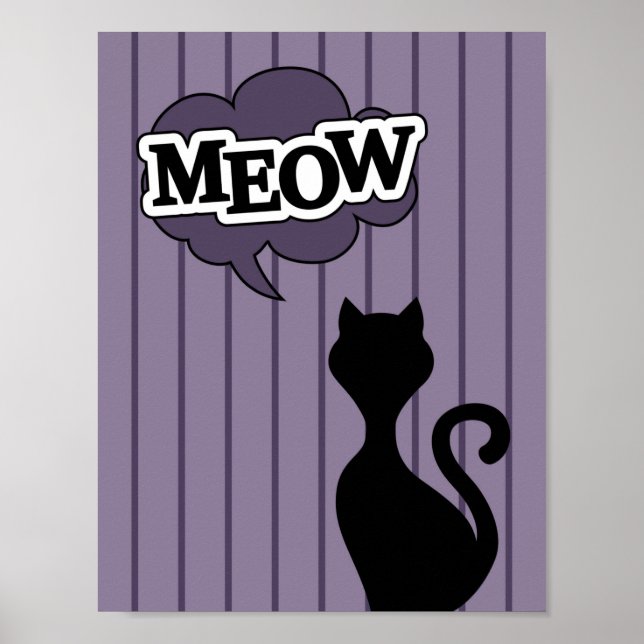 Affiche Caricature de chat noir violet discours bulle miow (Devant)
