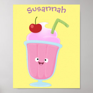 Affiche Caricature de crème glacée de fraise mignonne