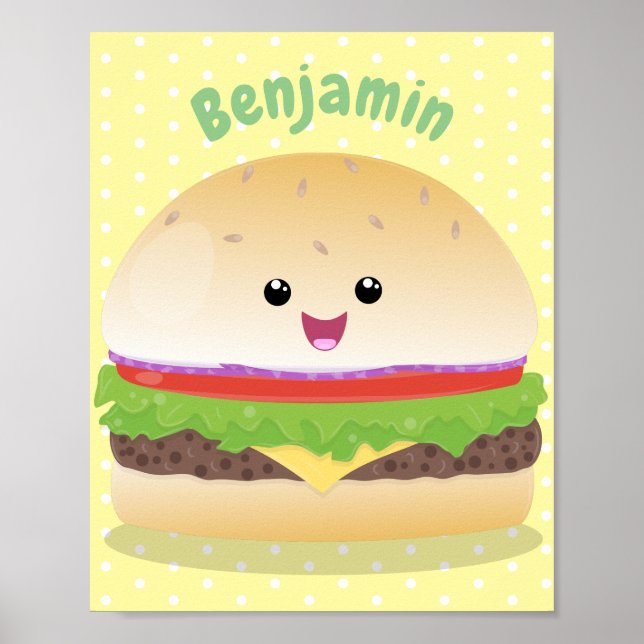Affiche Caricature de hamburger kawaii joyeux (Devant)