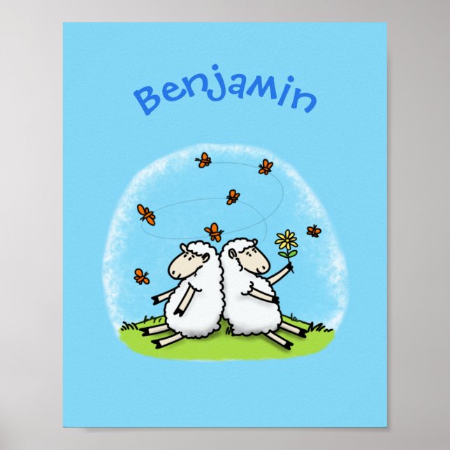 Affiche Caricature de moutons mignons amis et papillons (Devant)