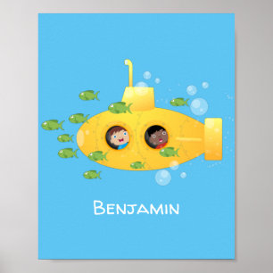 Affiche Caricature de poisson sous-marin jaune mignon