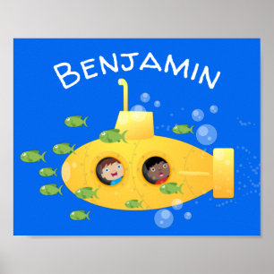 Affiche Caricature de poisson sous-marin jaune mignon