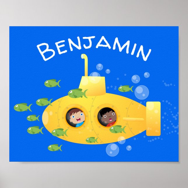 Affiche Caricature de poisson sous-marin jaune mignon (Devant)