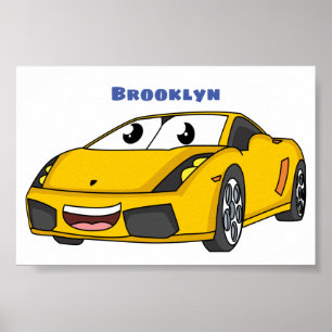 Affiche Caricature de voiture sport jaune joyeux