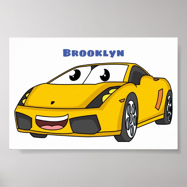 Affiche Caricature de voiture sport jaune joyeux (Devant)