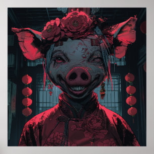 Affiche Caricature effrayante Cochon avec le billet de Nou