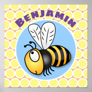 Affiche Caricature en jaune d'abeille volante mignonne