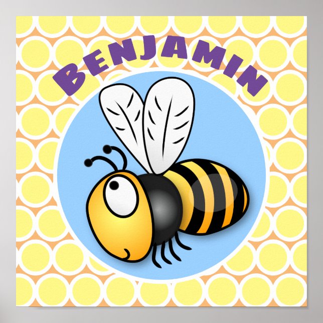 Affiche Caricature en jaune d'abeille volante mignonne (Devant)