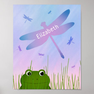 Affiche caricature grenouille regarder sur l'herbe dragonf