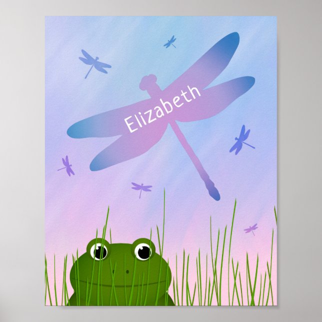 Affiche caricature grenouille regarder sur l'herbe dragonf (Devant)