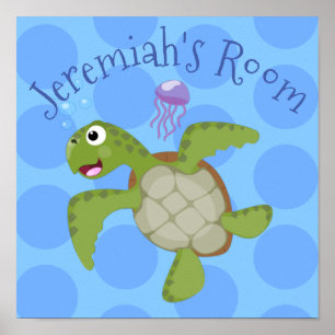 Affiche Caricature joyeuse de tortue de mer verte mignonne