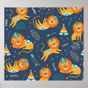 Affiche Caricature Lions Tribal Motif sans couture