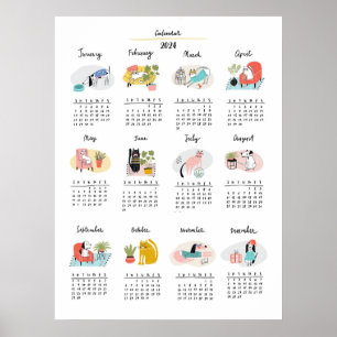 Affiche Caricature mignonne Chats et Chiens 2024 Calendrie