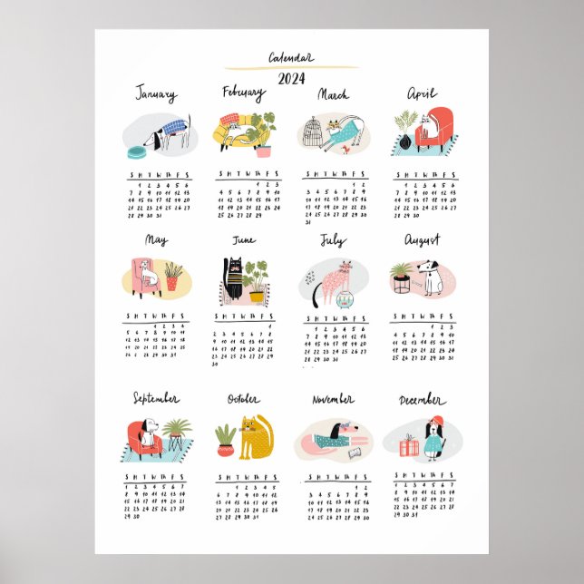 Affiche Caricature mignonne Chats et Chiens 2024 Calendrie (Devant)