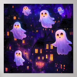 Affiche Caricature mignonne Halloween Fantômes de vol de m