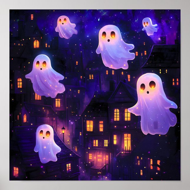Affiche Caricature mignonne Halloween Fantômes de vol de m (Devant)