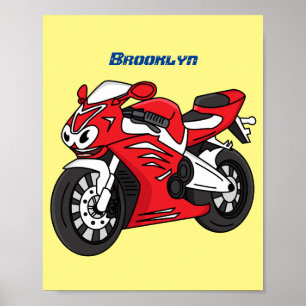 Affiche Caricature moto de sport rouge mou