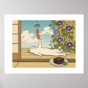 Affiche Carillon à vent Chat Blanc Mizu Yokan Été Japonais