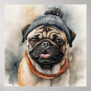 Affiche Carlin adorable portant une jolie beanie