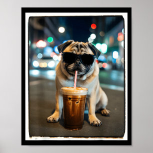 Affiche Carlin buvant du café glacé animal chien mème 