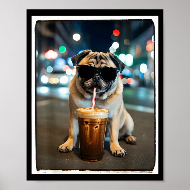 Affiche Carlin buvant du café glacé animal chien mème  (Devant)