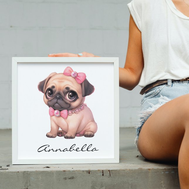 Affiche Carlin Chiot Avec Bow Rose Illustration Nom Person (Pug Puppy With Pink Bow Illustration Custom Name Poster-Adorable Dog Lover Nursery Wall Art Decor)