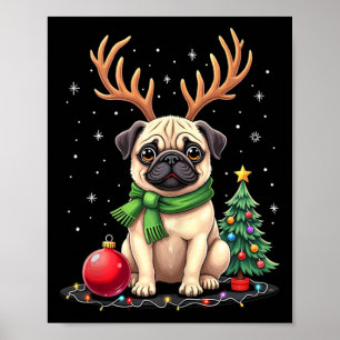 Affiche Carlin Dog Reindeer Xmas Amoureux des chiens Funny