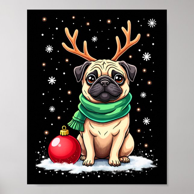 Affiche Carlin Dog Reindeer Xmas Amoureux des chiens Funny (Devant)